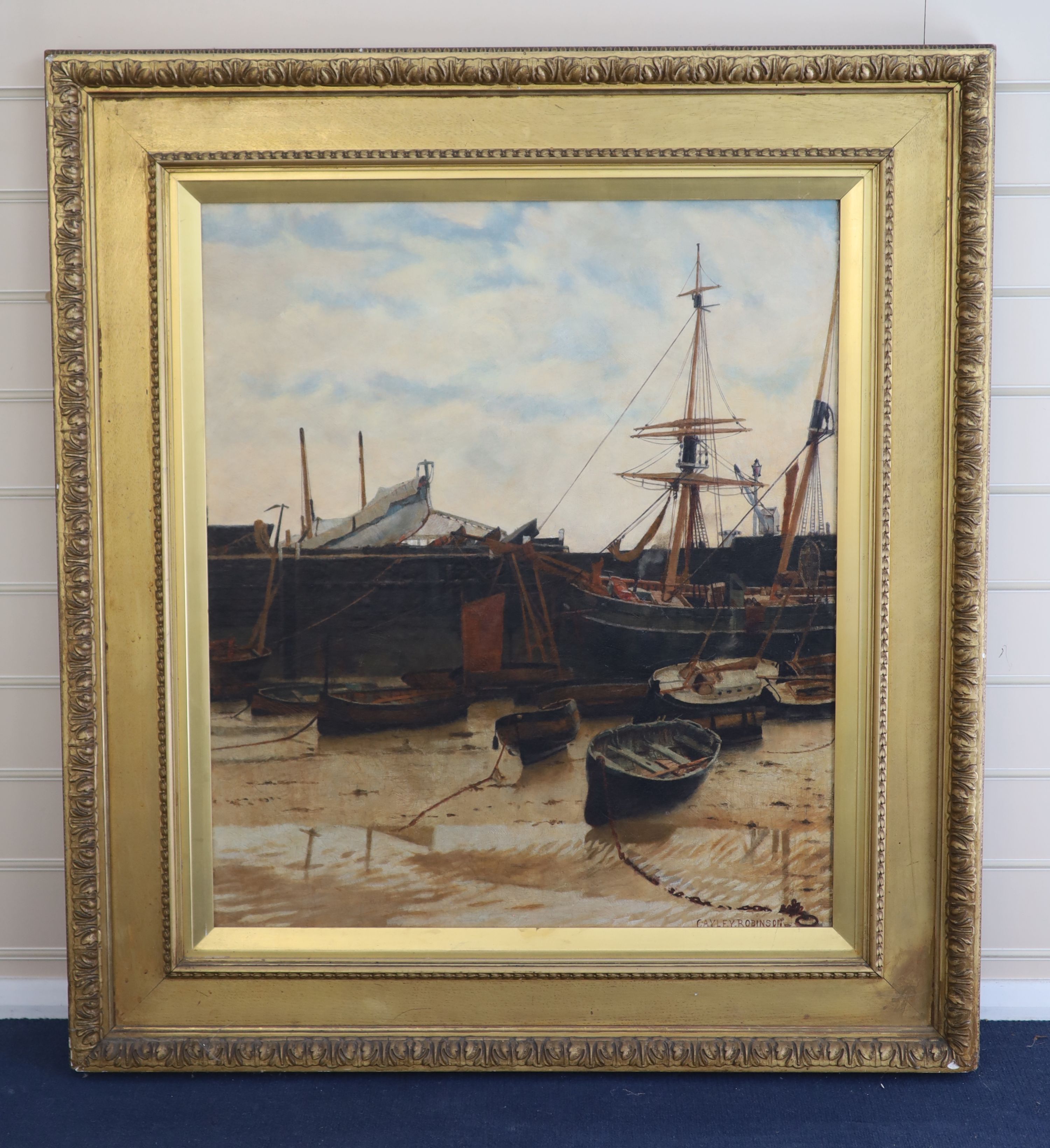 Frederick Cayley Robinson (1862-1927), Shipping in harbour at low tide, Oil on canvas, 73 x 62cm.